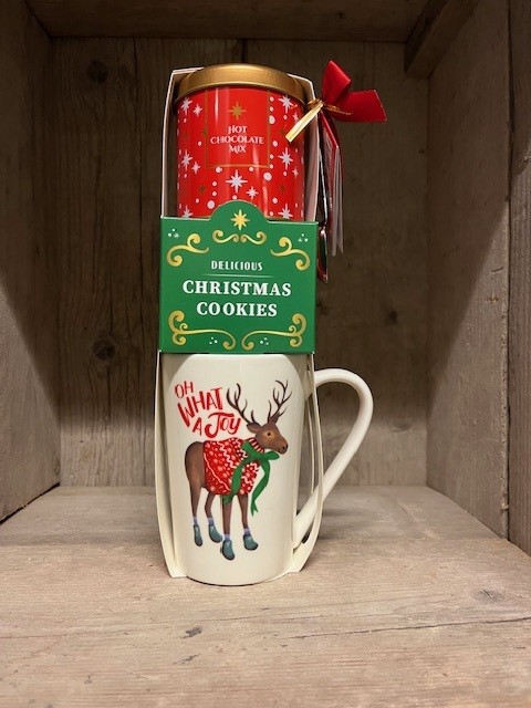 Beker-cadeauset 'Oh what a Joy' - Beker + hot chocolatemix (vanille), koekjes & lepeltje (VERBORGEN)